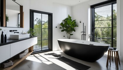 elegant black and white bathroom design featuring a freestanding tub and modern fixtures in a bright minimalist space