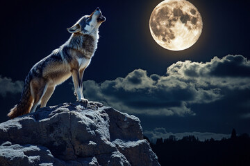 Wolf howling under a bright full moon on a clear night in a natural landscape