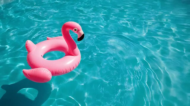 Flamingo buoy swimming in the pool - summer holiday concept, 4K video