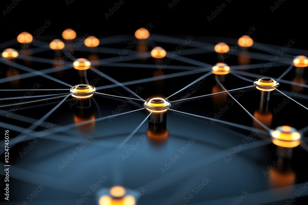 Poster web of connections represented by glowing nodes and lines on a dark background, network of connectio