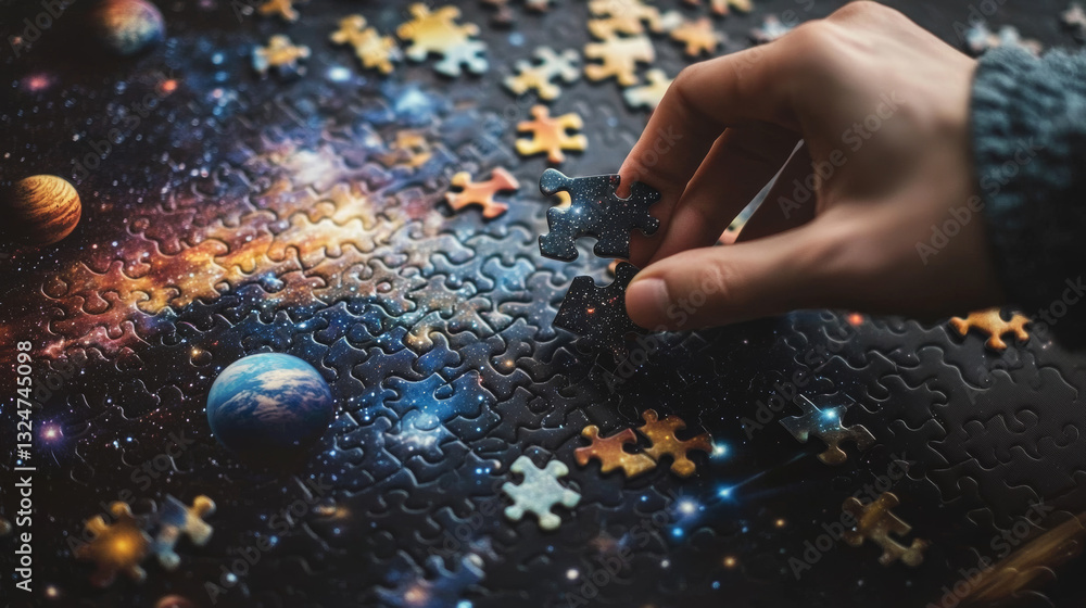 Poster abstract image of a hand holding puzzle in the form of a starry sky or space, consisting of points, 