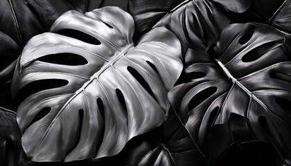 Monochrome Glossy Monstera Leaves with Satin Texture