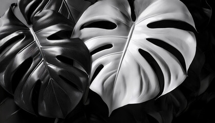 Monochrome Glossy Monstera Leaves with Satin Texture