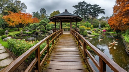 Fototapeta premium Wooden bridge leads to gazebo in autumnal Japanese garden