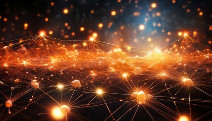 glowing nodes and links create vibrant networking concept showcasing modern technology and connectivity warm orange lights evoke sense of innovation and collaboration