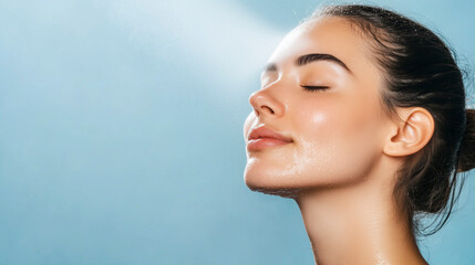 Woman refreshing her face with hydrating mist on blue background