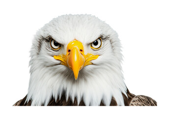Close-up of a majestic bald eagle with intense gaze and sharp beak, cut out