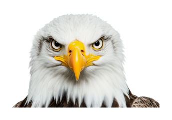 Close-up of a majestic bald eagle with intense gaze and sharp beak, cut out