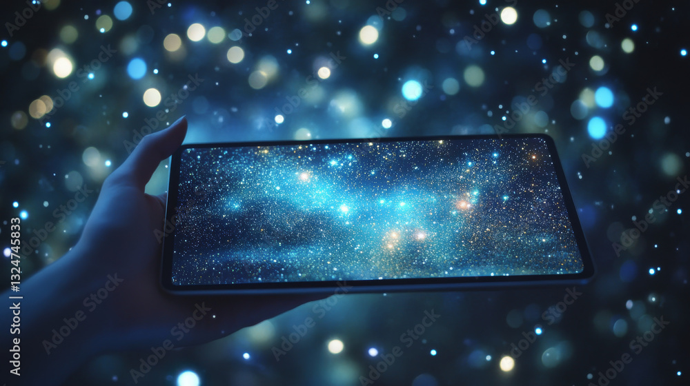 Aufkleber abstract image of a hand with tablet in the form of a starry sky or space, consisting of points, lin