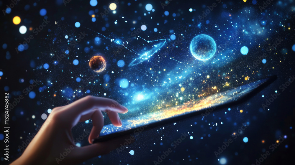 Poster abstract image of a hand with tablet in the form of a starry sky or space, consisting of points, lin