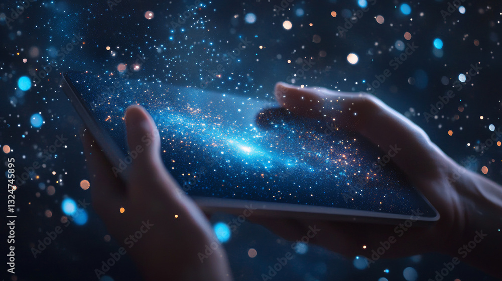 Poster abstract image of a hand with tablet in the form of a starry sky or space, consisting of points, lin