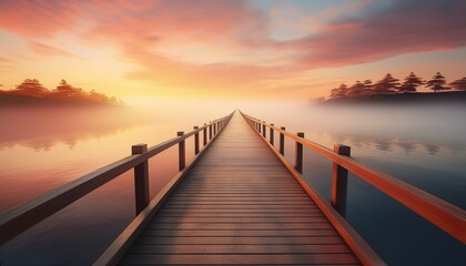Fototapeta premium Endless Wooden Bridge into a Dreamy Misty Sunset