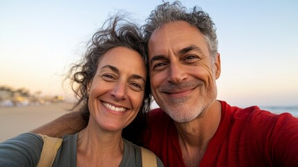 Obraz premium Couple posing for a selfie at sunset.