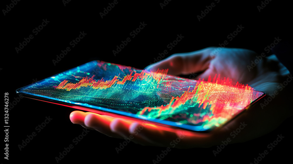 Aufkleber digital close-up human hand holding tablet with abstract stock market candlestick. first-person view