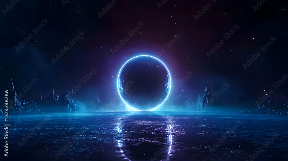 Poster luminous blue portal circle floating above water surface reflecting lights in dark night setting wit