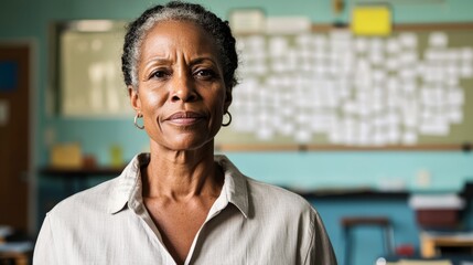 Obraz premium Woman stands near school whiteboard with chalkboard erasers.