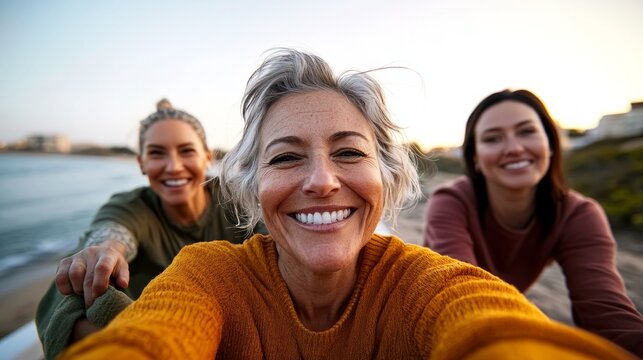 "Photo of three smiling individuals in front of a beach at sunset, posing for a selfie with phone held up."