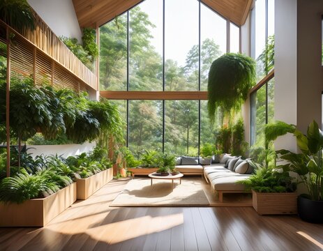 a biophilic design interior featuring natural materials plants and ample daylight creating a harmonious connection between nature and architecture