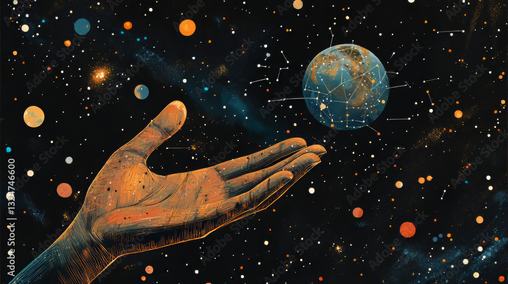 Poster abstract image of a planet earth in the palm in the form of a starry sky or space, consisting of poi