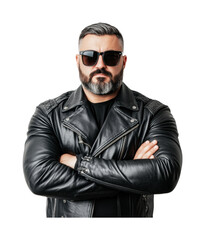 Obraz premium Confident caucasian male adult in black leather jacket with sunglasses on a black background, cut out