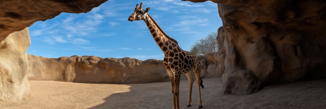 A majestic giraffe stands amidst rocky formations with a bright blue sky above, highlighting the grace and beauty of wildlife in their natural environment. - Powered by Adobe