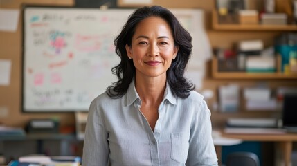 Asian woman in office setting.