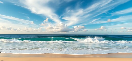 azure ocean wave, sandy beach, blue sky, travel ad
