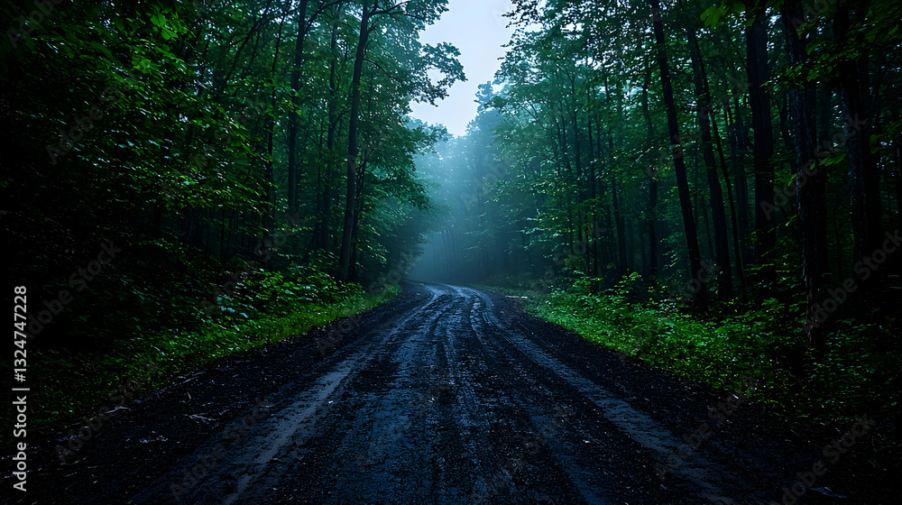 Poster dark forest road path with green trees and soft light illuminating the way through a wet landscape