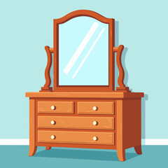 Classic wooden dresser with mirror in flat design, home decor