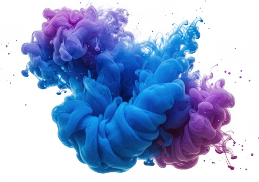 A dynamic fluid splash of ink in blue and purple hues swirling isolated on transparent background