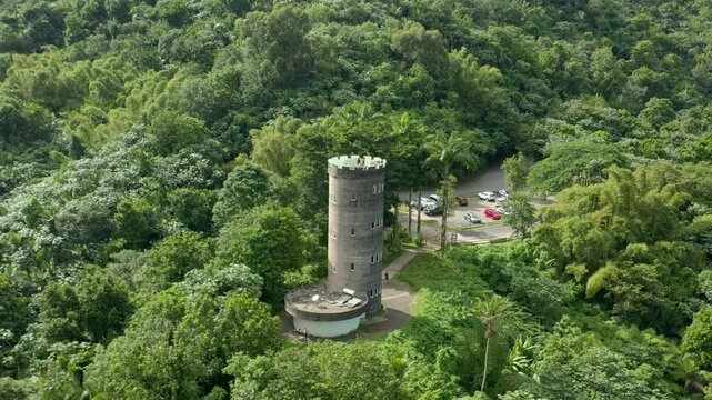 4K drone footage capturing the.Yokah&uacute; Tower, an observation tower within El Yunque National Forest on the island of Puerto Rico.