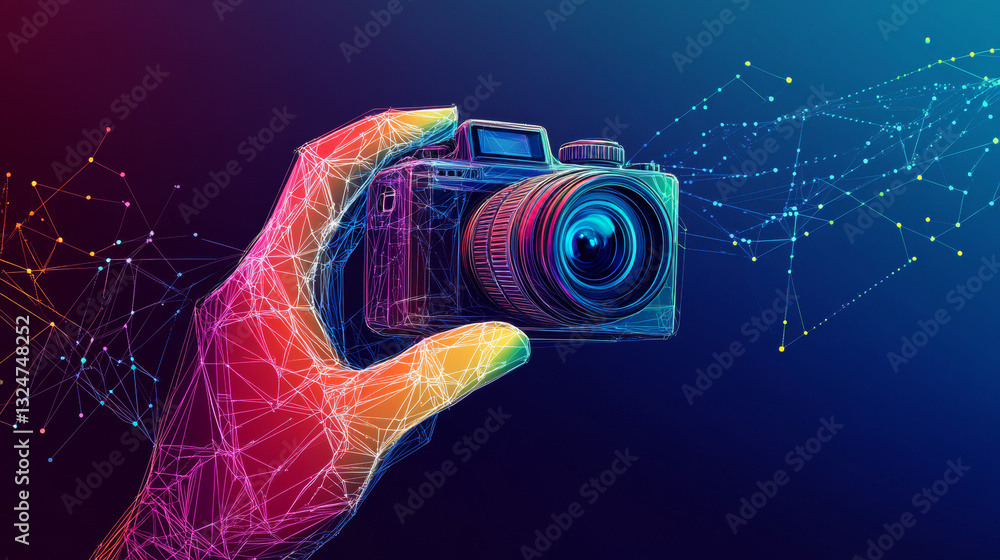 Poster abstract vector image of action camera in hand . low poly wire frame illustration. lines and dots. r
