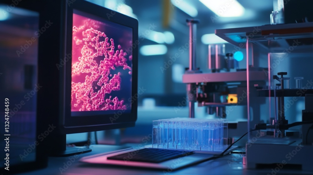 Poster A detailed workstation featuring a computer monitor displaying intricate molecular structures.