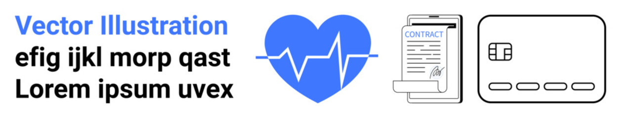 Heartbeat inside blue heart, contract form, credit card. Ideal for business agreements, financial transactions, healthcare services, medical diagnostics, corporate partnerships, insurance policies