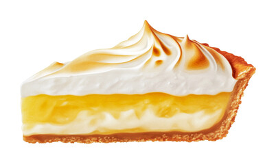 Lemon meringue pie slice with fluffy topping and golden crust, cut out