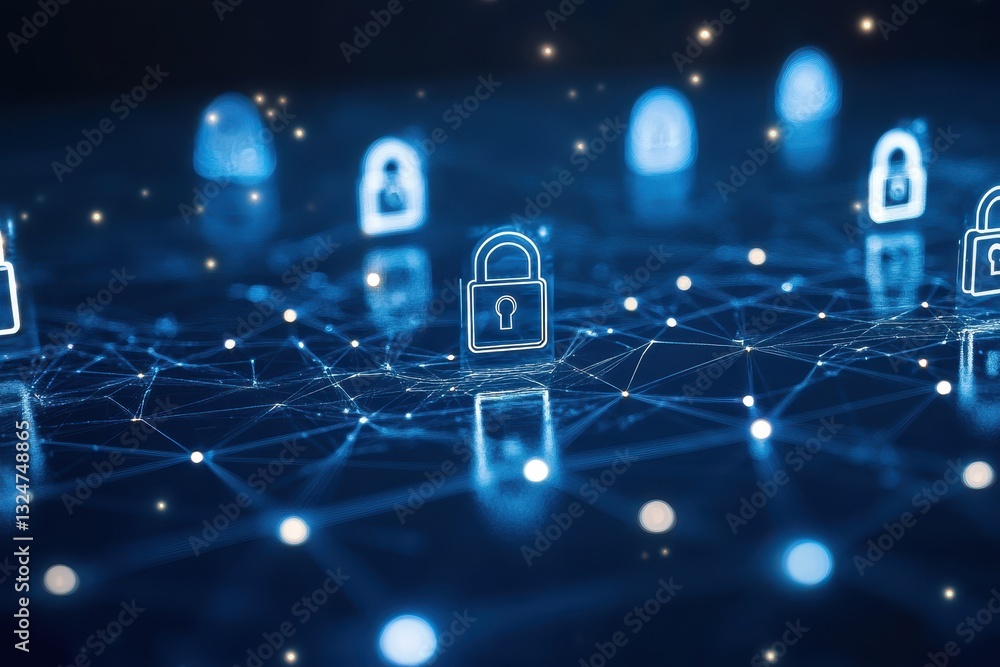 Poster exploration of digital security with padlock icons and data processing visualizations, nkey and padl