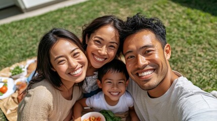 A happy family of four posing outdoors for a group selfie.
