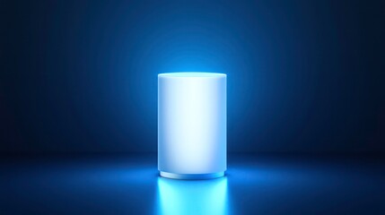 Illuminated cylinder object on dark blue background. Possible use product photography, digital marketing