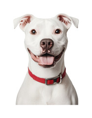Fototapeta premium Happy white pit bull with red collar smiling, cut out
