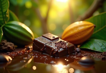 luscious dark chocolate melting amidst green cocoa trees under bright sunlight capturing paradise rich flavor, bar, dessert, sweet, tasty, treat, fresh