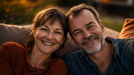 A happy couple enjoying a relaxed moment outdoors.