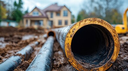 Construction site showing large pipes and a house in the background during a cloudy day with muddy ground