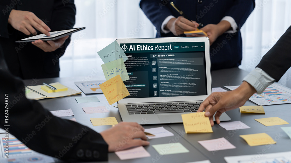 Poster ai ethics responsibility standard law and rules on computer screen provide report of ai ethic transp