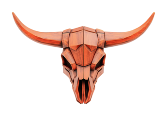 Geometric wooden bull skull sculpture with intricate carved patterns, cut out