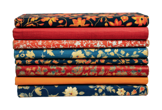 Colorful stack of vintage floral hardcover books with decorative patterns, cut out