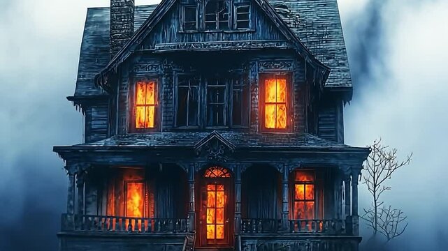 A hauntingly beautiful house enveloped in fog, with glowing windows. An eerie atmosphere that evokes mystery, perfect for spooky narratives or themes.