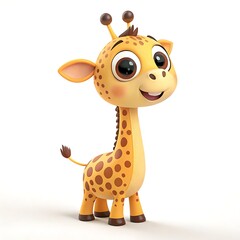 A Cheerful Baby Giraffe, Brimming With Playful Innocence And Boundless Curiosity, Stands Against A Bright White Background, Showcasing Its Adorable Cartoon Features