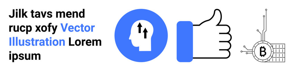 Head profile with arrows, thumbs up, Bitcoin graphic with network links. Ideal for tech innovation, cryptocurrency, positive feedback, online reviews, digital marketing, educational content, startup