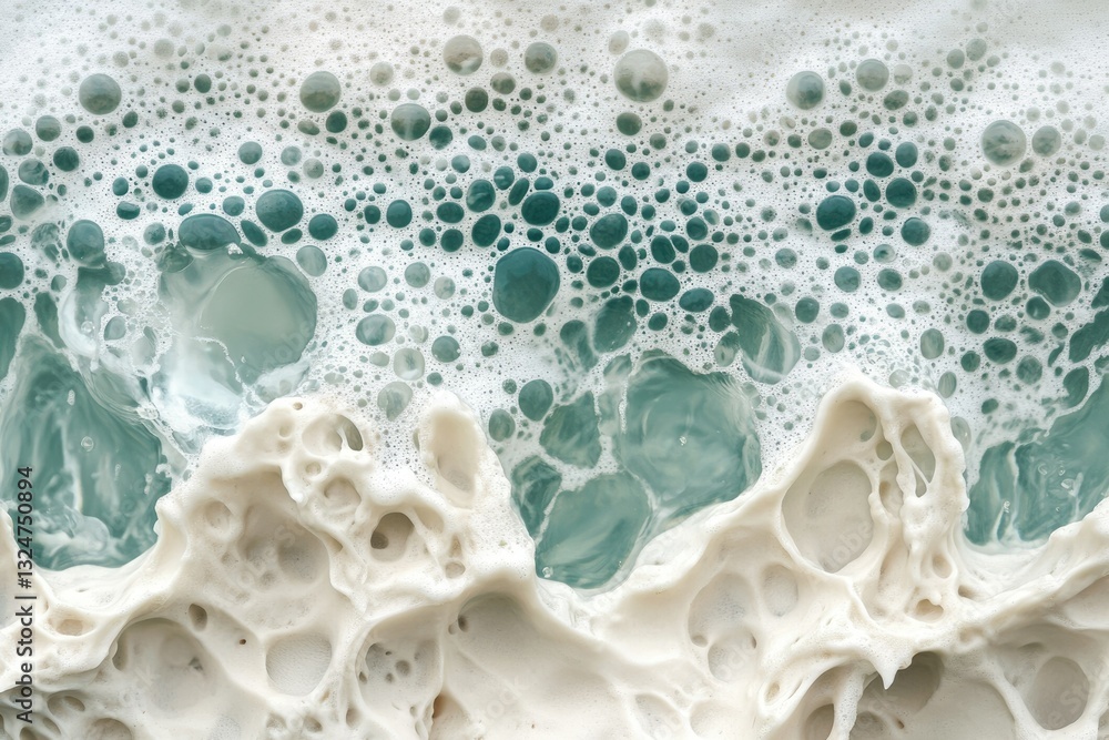 Poster close-up of ocean waves with white foam and teal water, creating a textured abstract image.