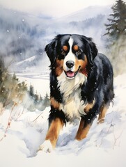 Bernese Mountain Dog in a Serene Snowy Landscape Watercolor Artwork on White Background